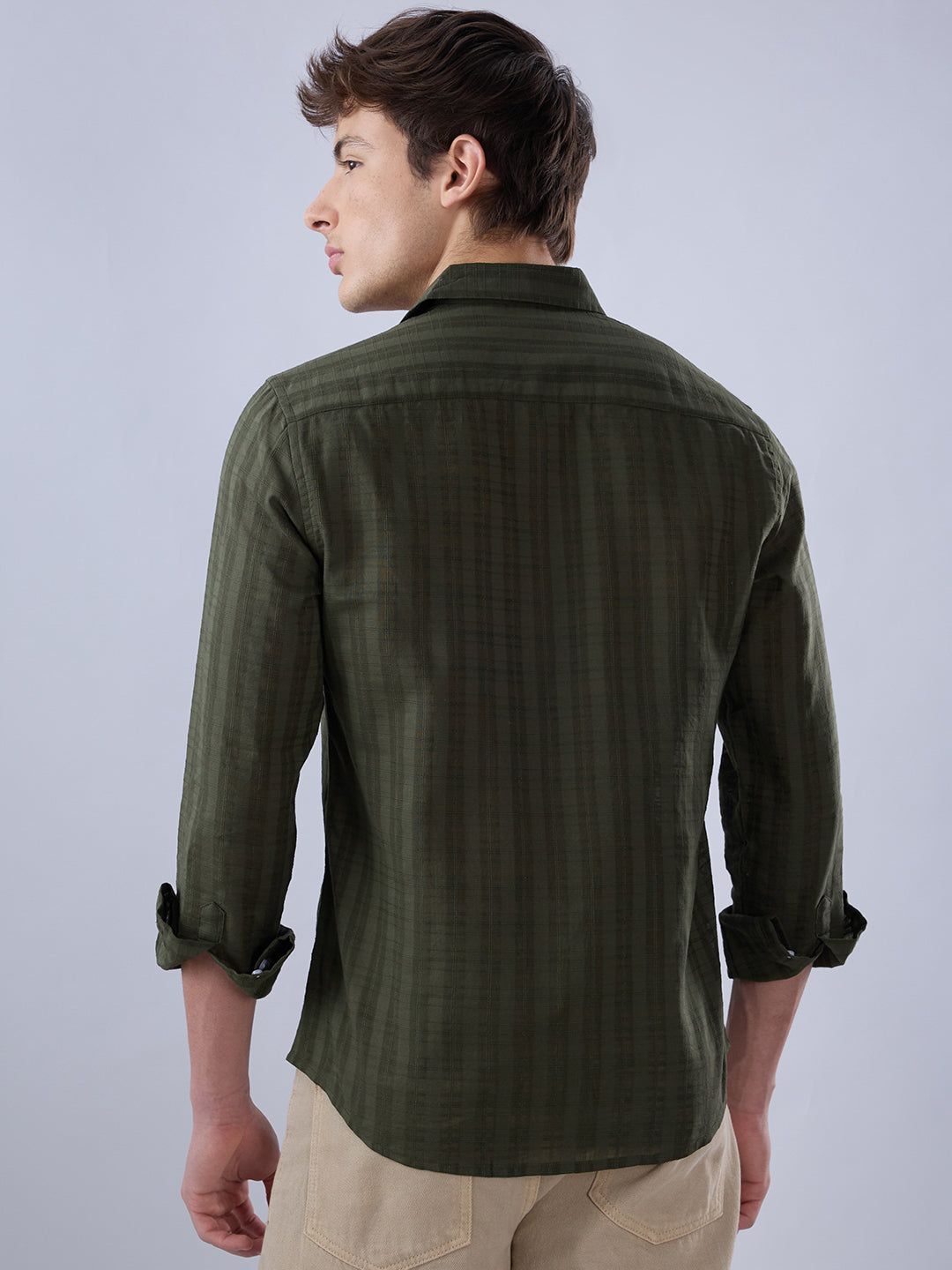 Army Green Textured Striped Shirt