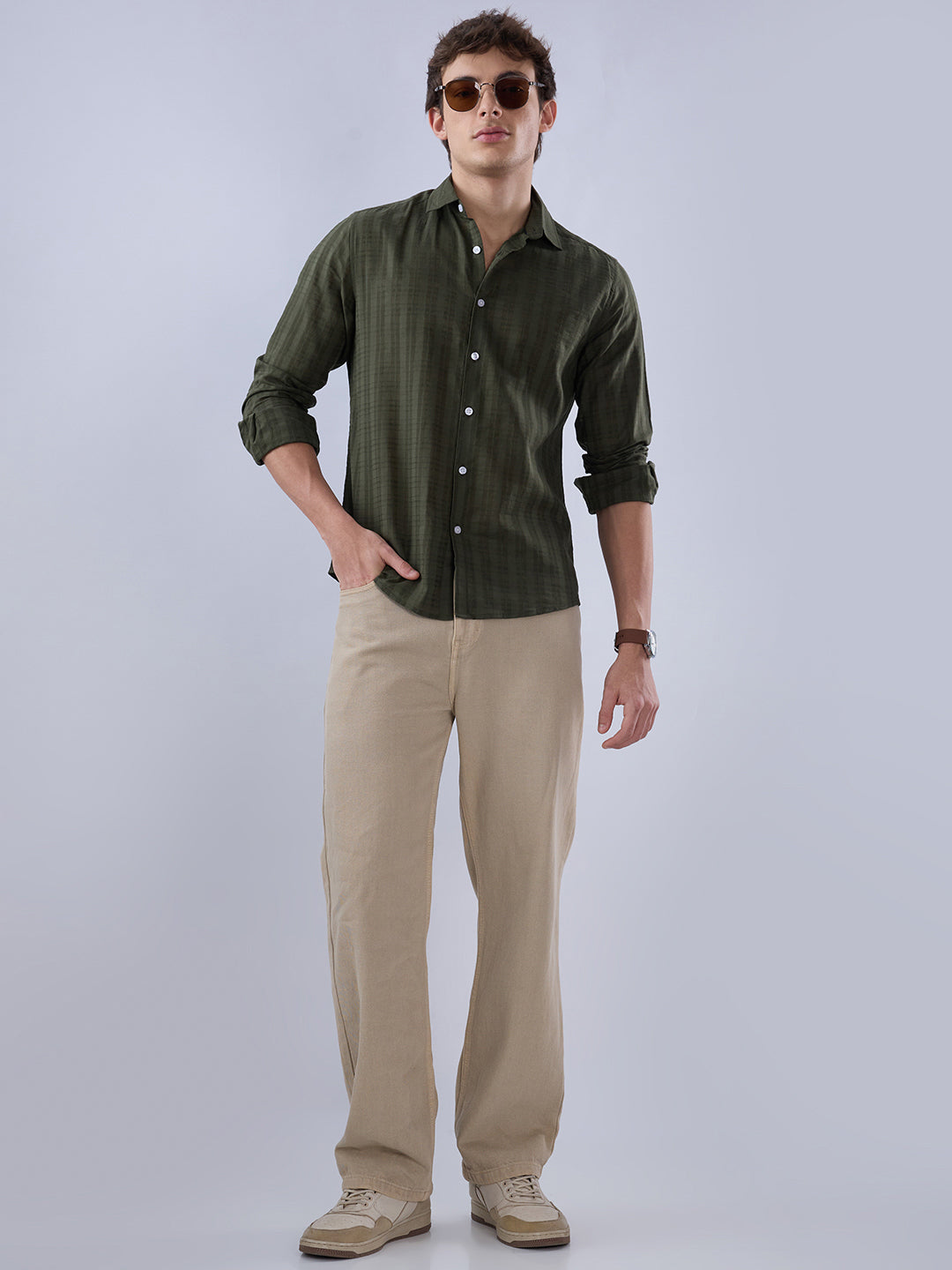 Army Green Textured Striped Shirt