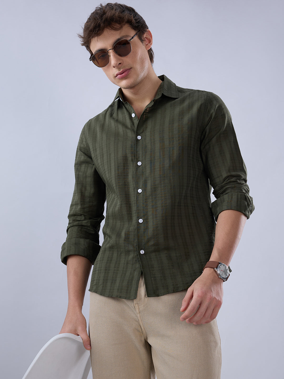 Army Green Textured Striped Shirt
