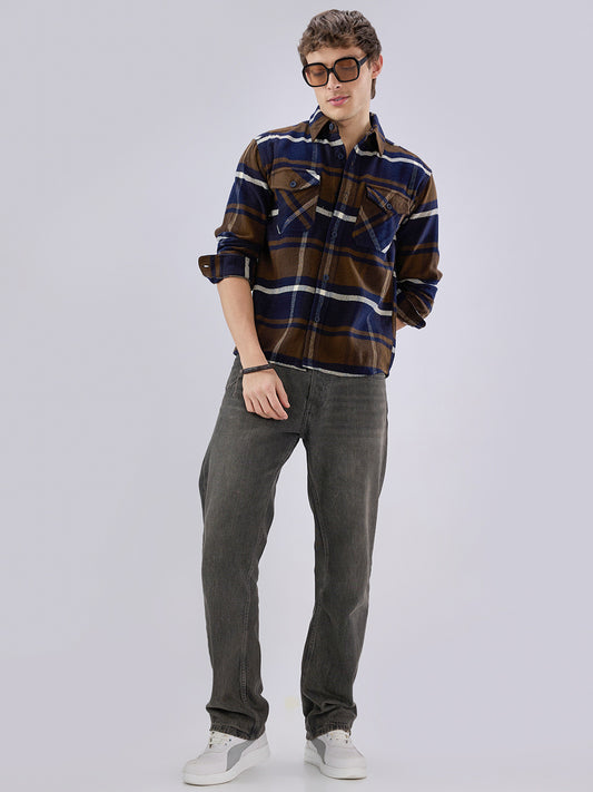 Walnut Brown & Navy Plaid Checks Double Pocket Flannel Shirt