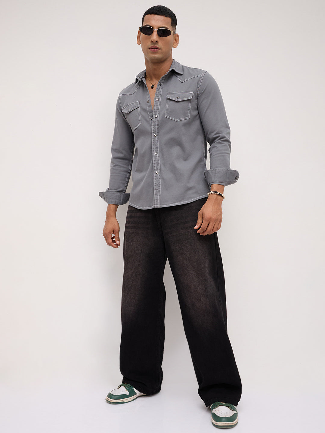 Slate Grey Contrast Stitch Twin Pocket Overshirt