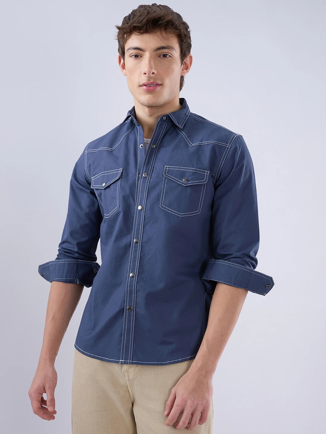 Deep Sea Blue Contrast Stitch Twin Pocket Overshirt