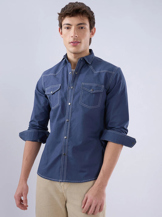 Deep Sea Blue Contrast Stitch Twin Pocket Overshirt