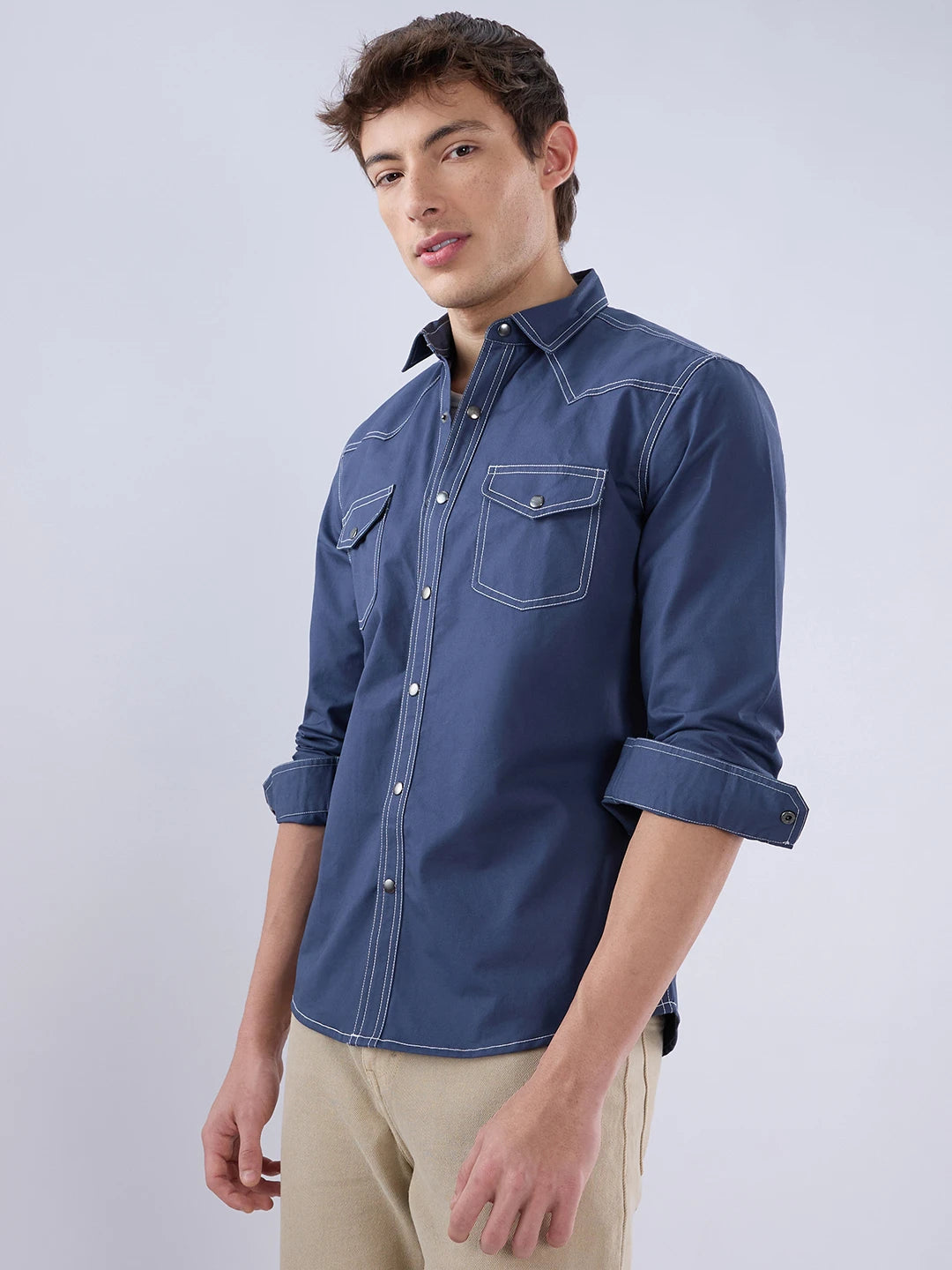 Deep Sea Blue Contrast Stitch Twin Pocket Overshirt