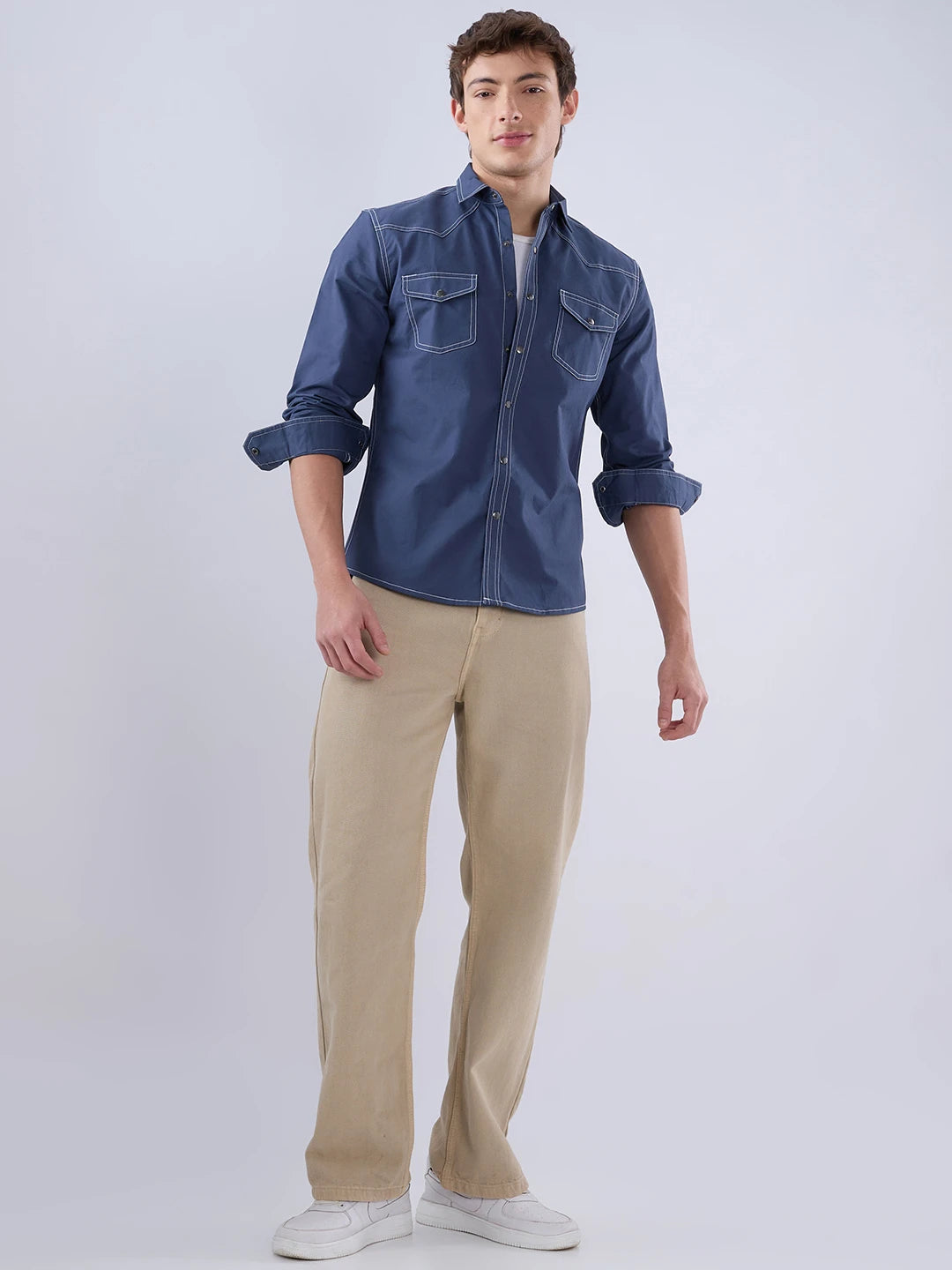 Deep Sea Blue Contrast Stitch Twin Pocket Overshirt