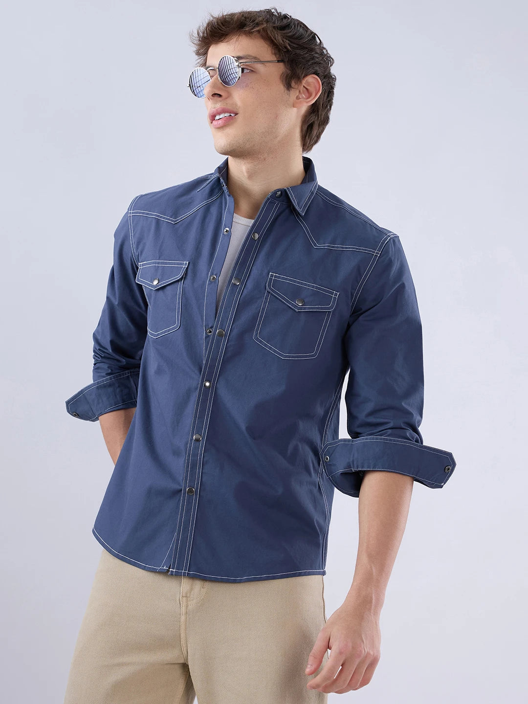 Deep Sea Blue Contrast Stitch Twin Pocket Overshirt