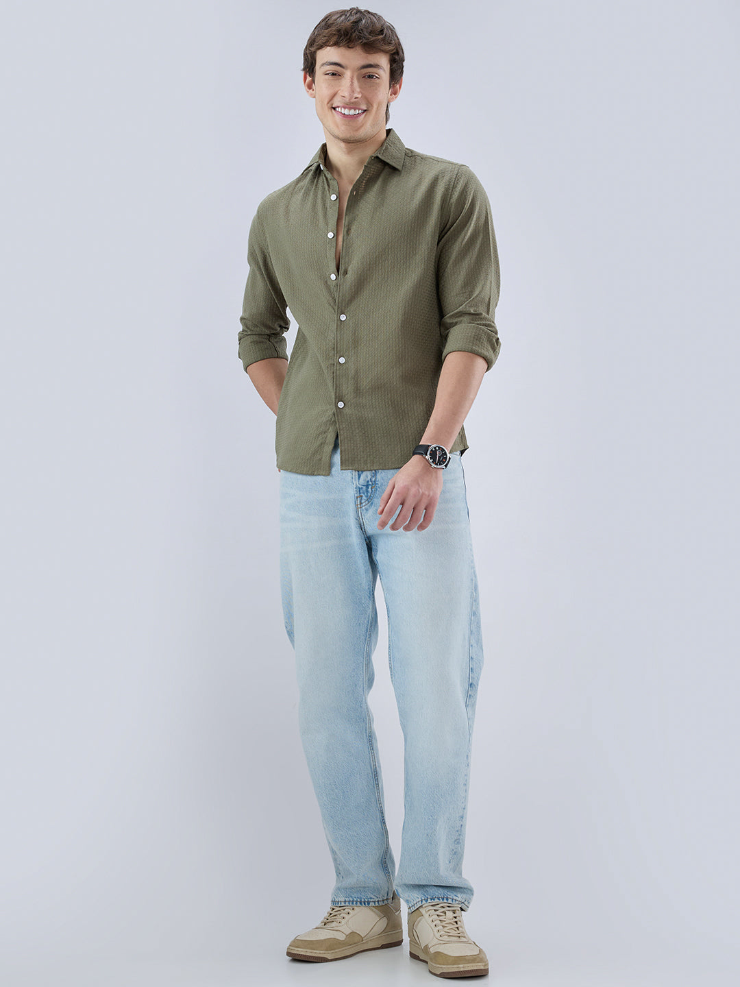 Olive Open Weave Refined Textured Checks Shirt