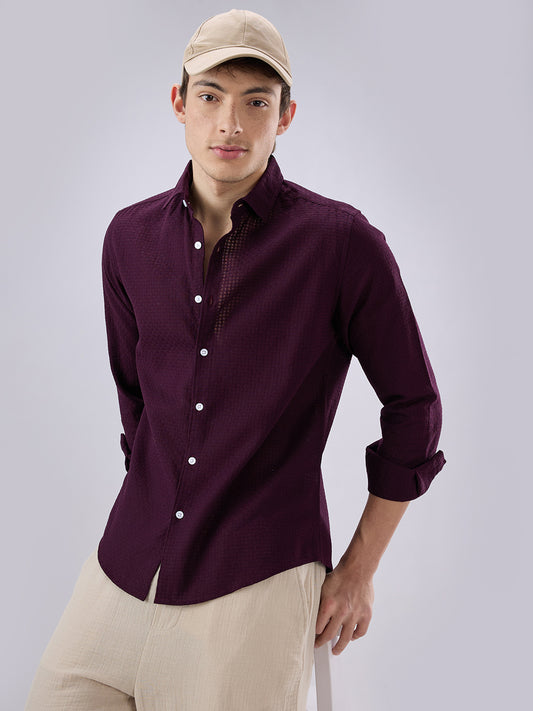 Wine Open Weave Refined Textured Shirt
