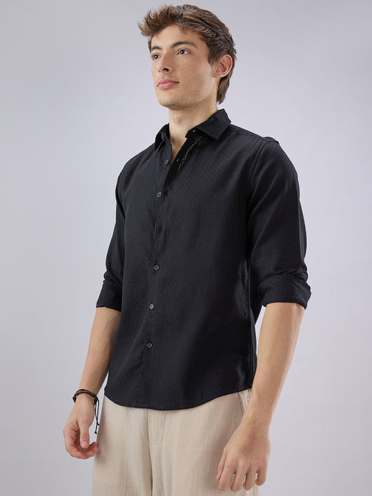 Black Open Weave Refined Textured Shirt