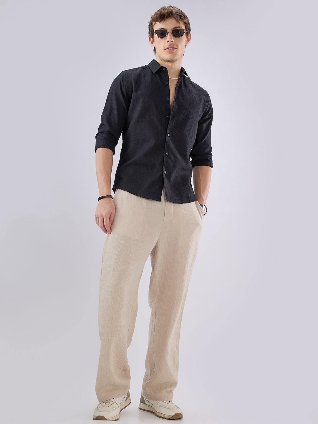 Black Open Weave Refined Textured Shirt