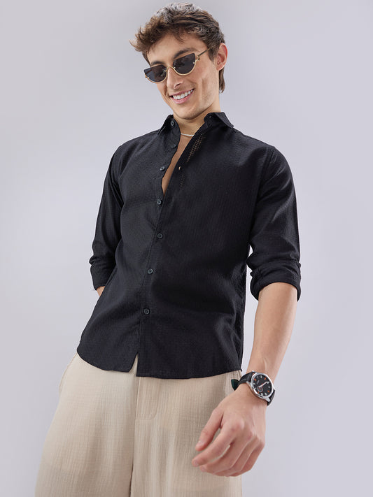 Black Open Weave Refined Textured Shirt