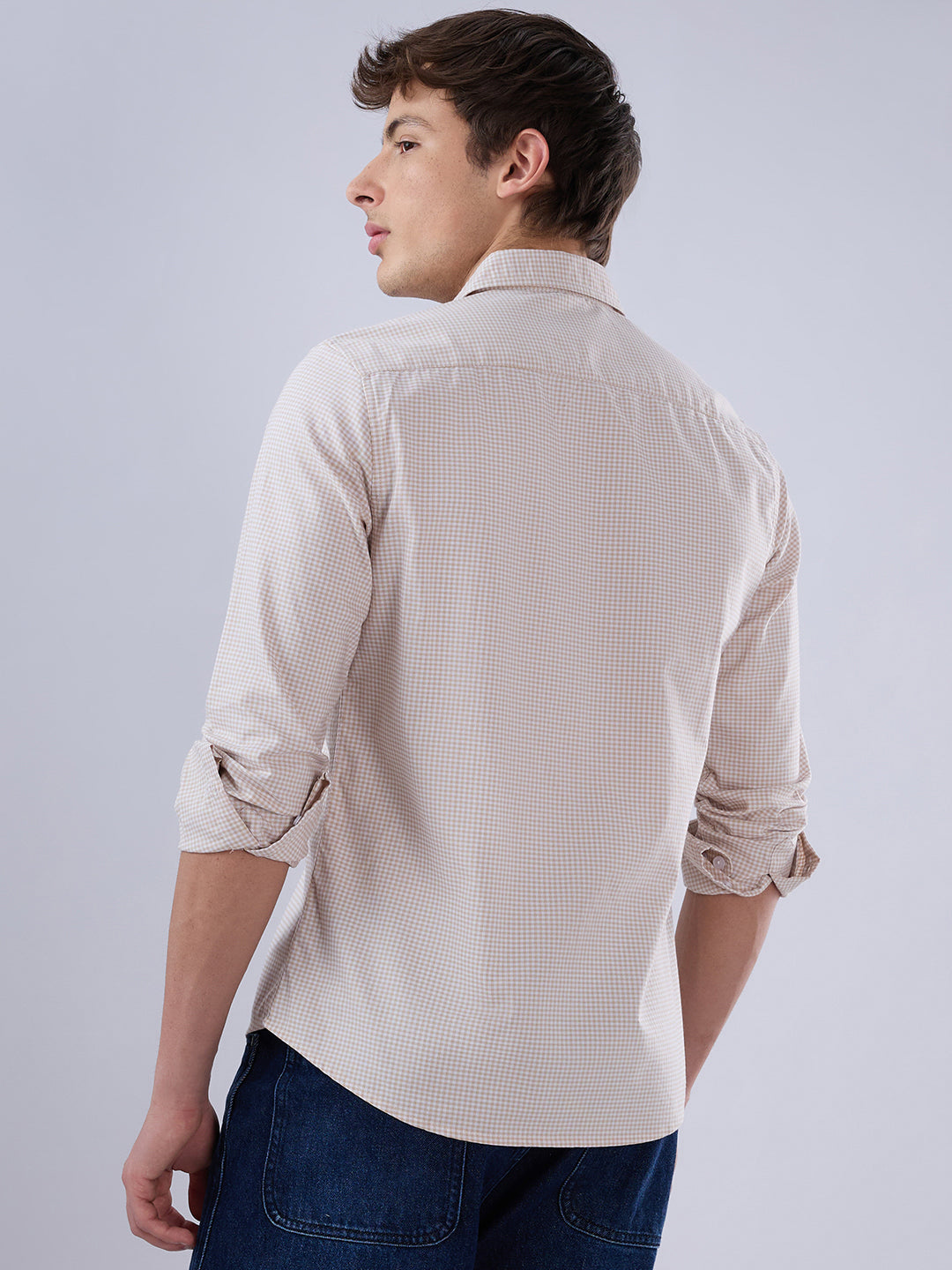 Warm Beige Micro Gingham Checks Oxford Shirt