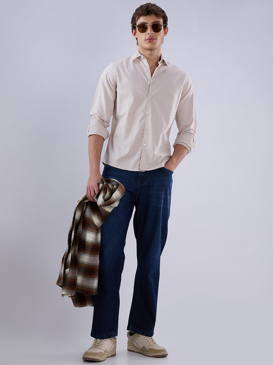 Warm Beige Micro Gingham Checks Oxford Shirt