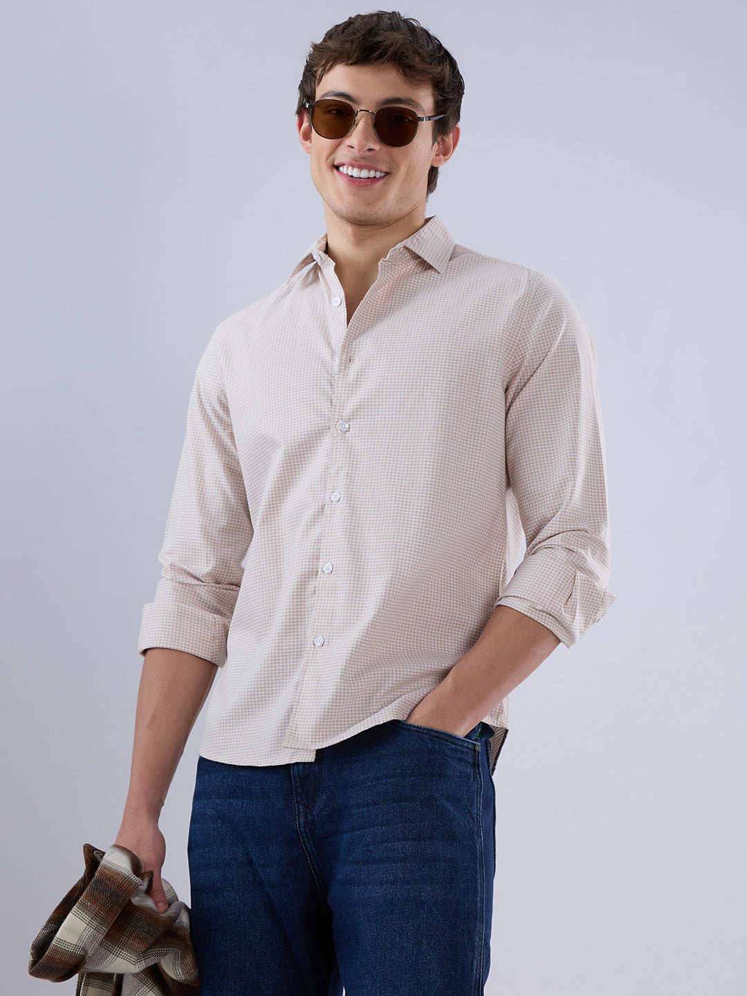 Warm Beige Micro Gingham Checks Oxford Shirt