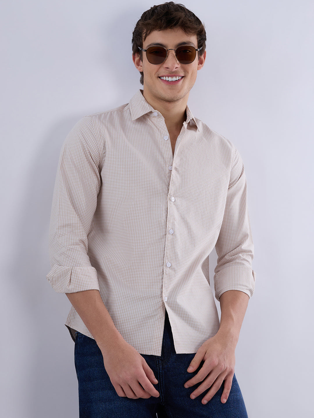 Warm Beige Micro Gingham Checks Oxford Shirt