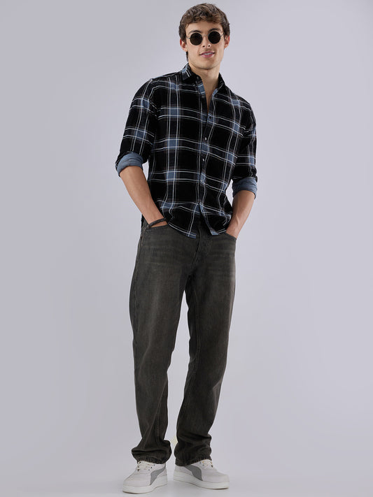 Refined Black & Blue Plaid Checks Flannel Corduroy Shirt