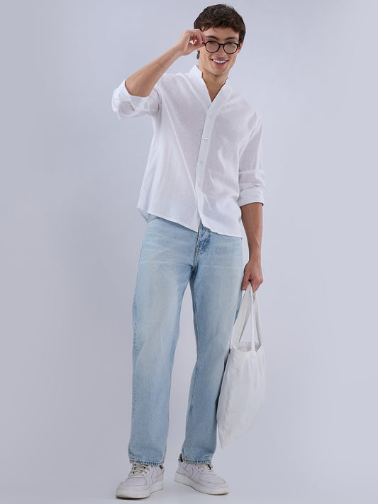 Pure White Linen Blend Stand Collar Oversized Shirt