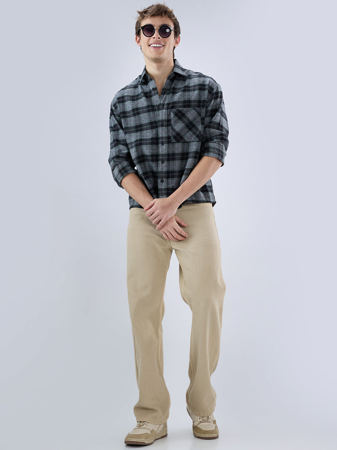Olive & Black Multicolor Boxy Fit Crop Shirt