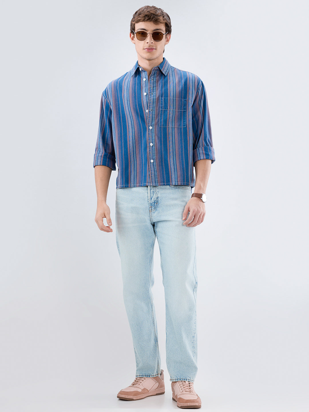 Premium Denim Coastal Blue Multi-Stripe Boxy Fit Crop Shirt