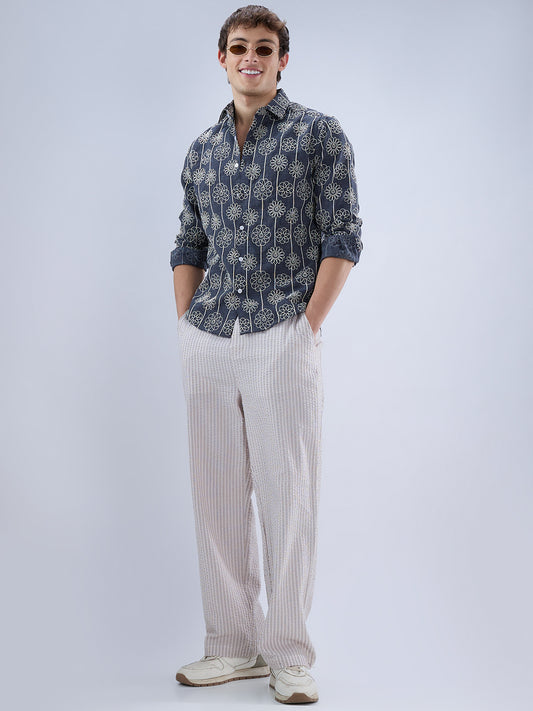 Anchor Grey Floral Embroidered Slub Shirt