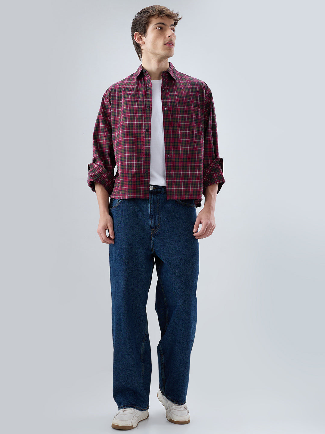 Pink & Olive Plaid Checks Cuffless Oversized Crop Shirt