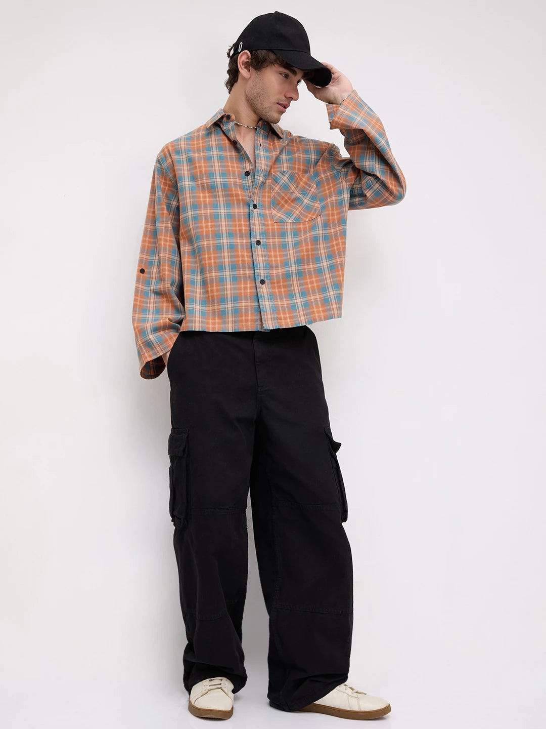 Warm Denim Clay Plaid Checks Cuffless Oversized Crop Shirt