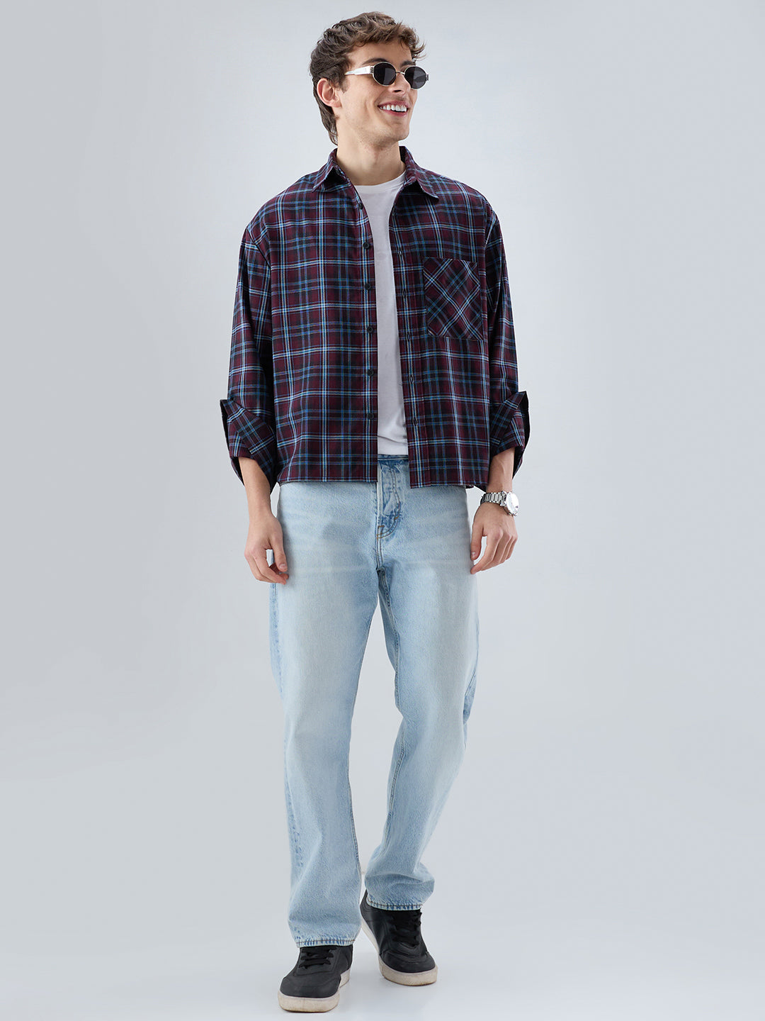 Brown & Blue Plaid Checks Cuffless Oversized Crop Shirt