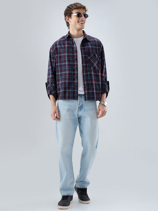 Brown & Blue Plaid Checks Cuffless Oversized Crop Shirt
