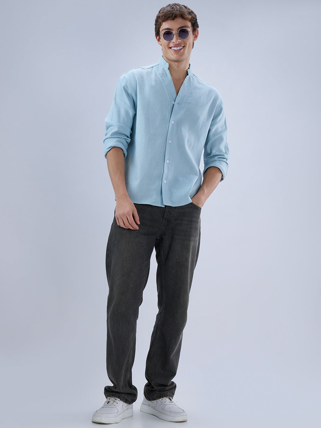 Soft Baby Blue Diagonal Textured Stand Collar Oversized Shirt