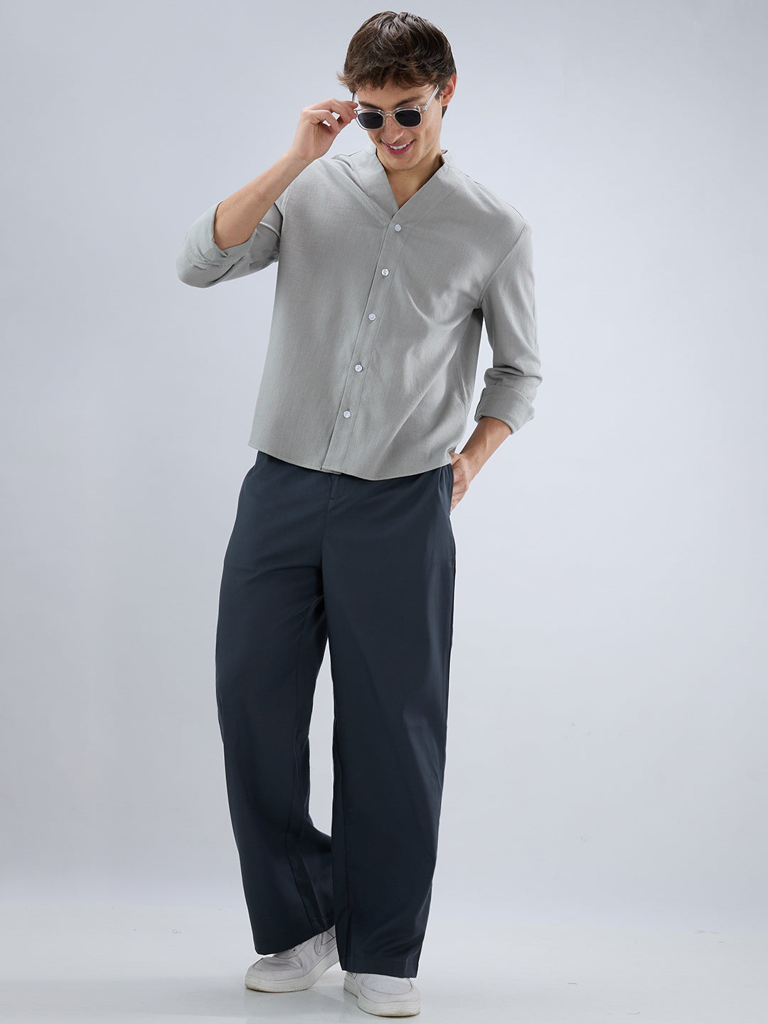 Plush Grey Diagonal Textured Stand Collar Oversized Shirt