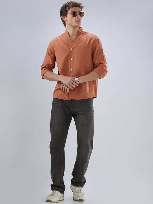 Soft Cider Orange Diagonal Textured Stand Collar Oversized Shirt