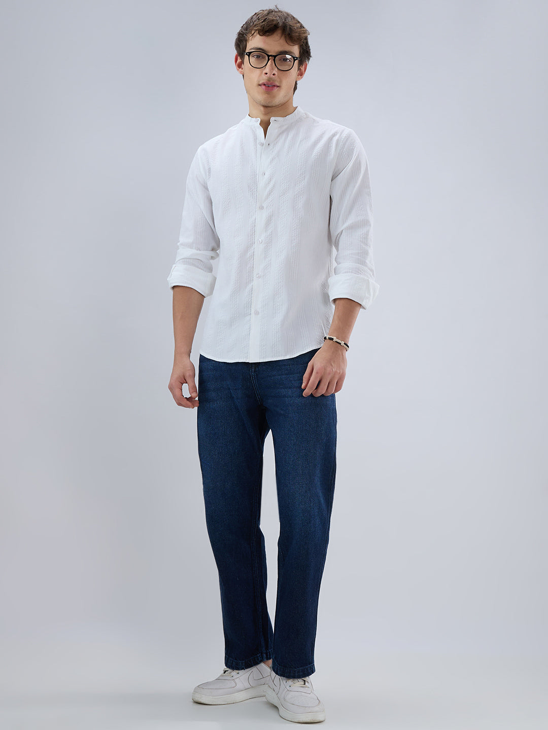 Snow White Seersucker Striped Mandarin Shirt