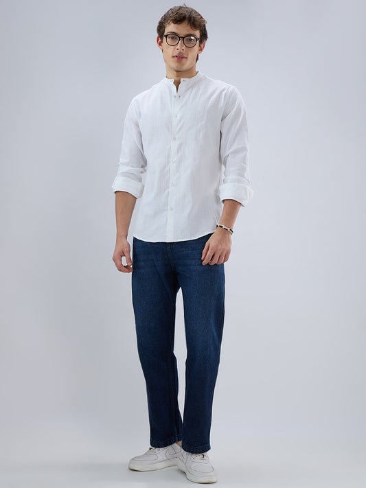 Snow White Seersucker Striped Mandarin Shirt