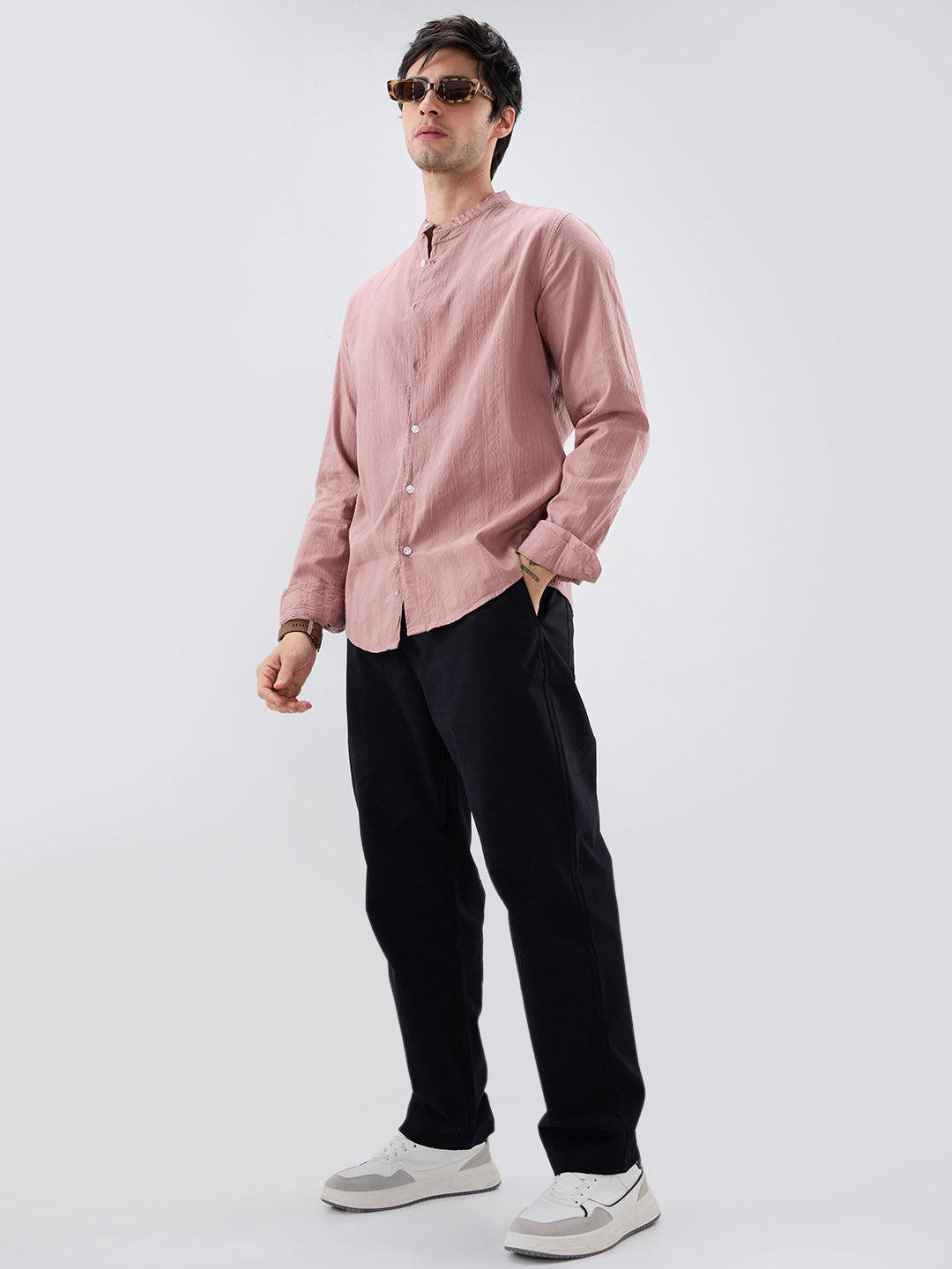 Deep Peach Seersucker Striped Mandarin Shirt