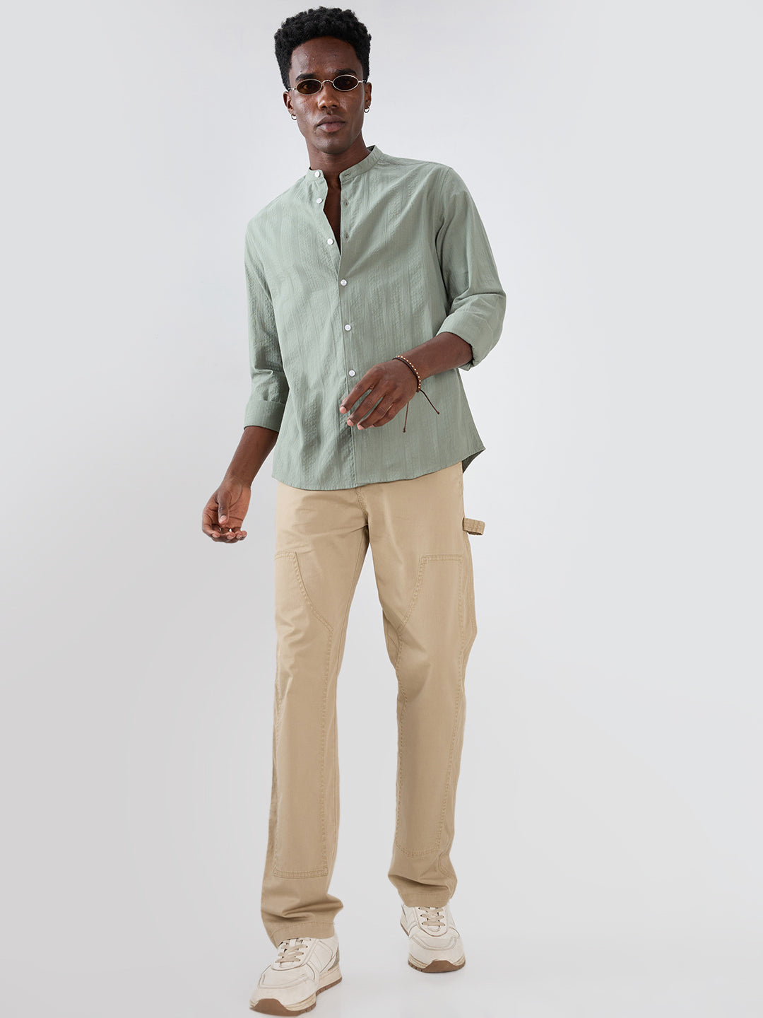 Asparagus Green Seersucker Striped Mandarin Shirt