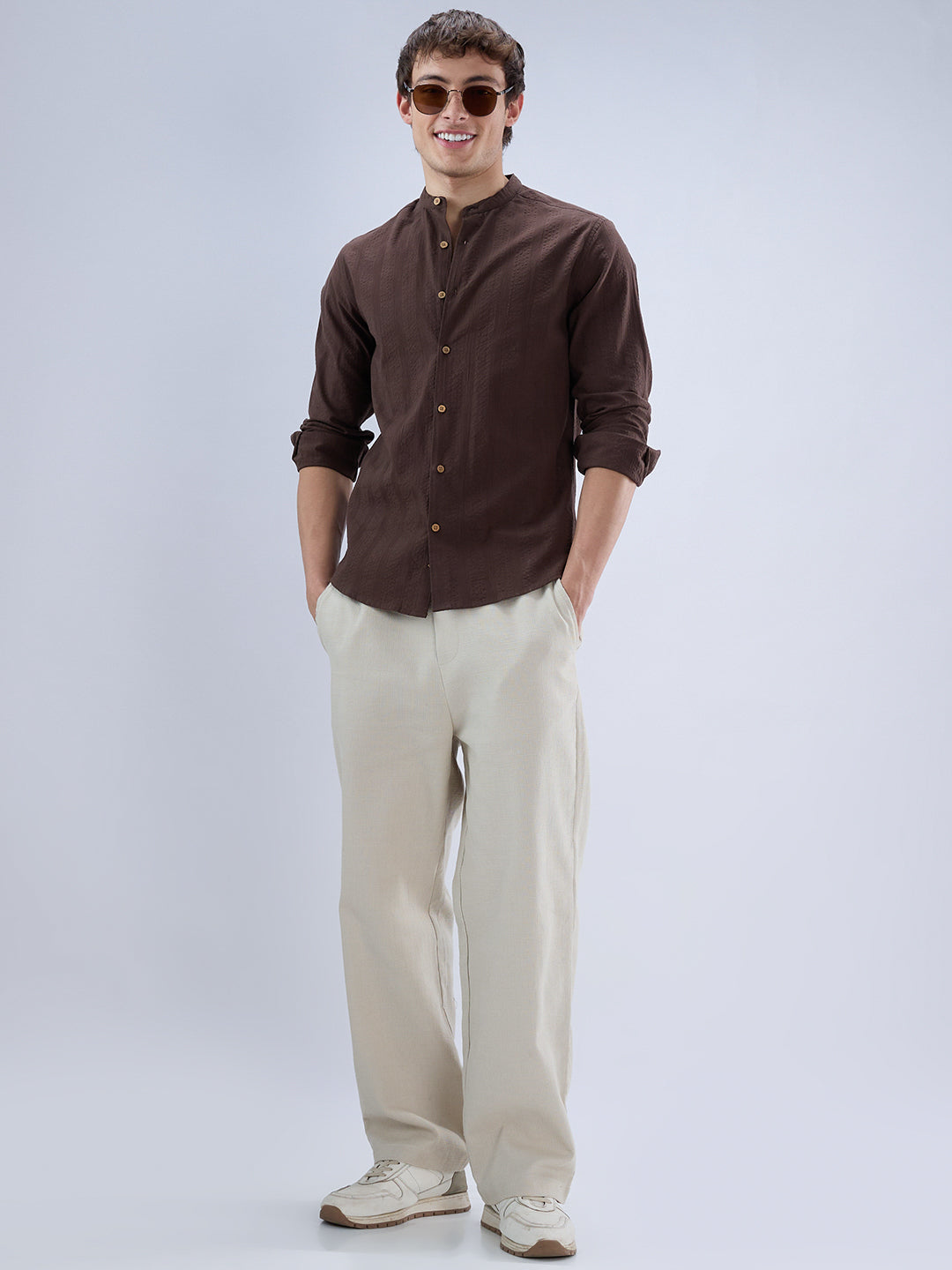 Chocolate Brown Seersucker Striped Mandarin Shirt
