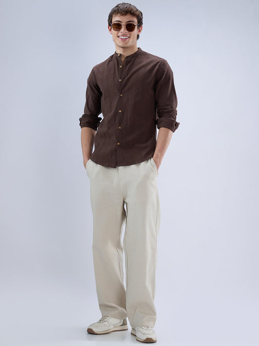 Chocolate Brown Seersucker Striped Mandarin Shirt