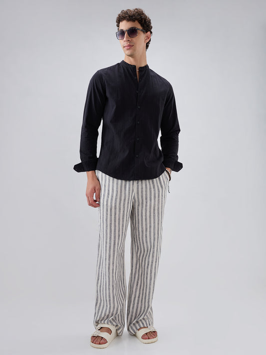 Jet Black Seersucker Striped Mandarin Shirt