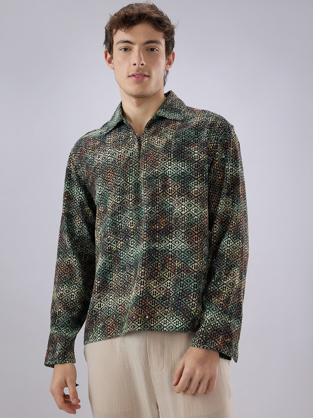 Noor Green Sequin Embroidered Cuffless Oversized Shirt