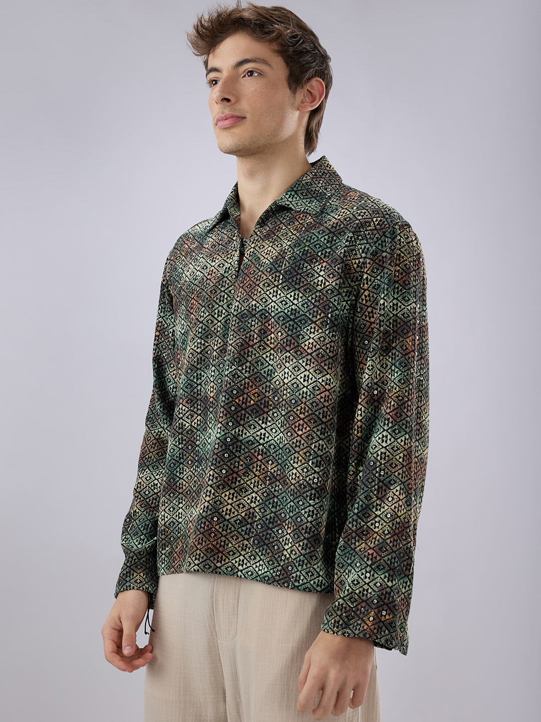 Noor Green Sequin Embroidered Cuffless Oversized Shirt