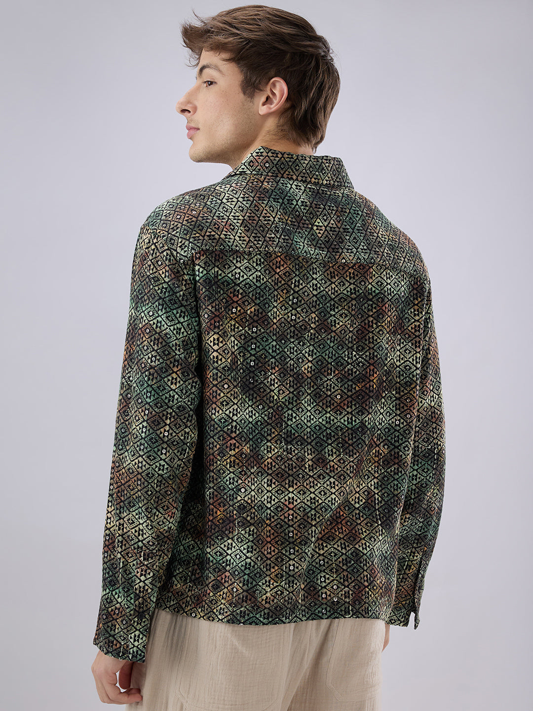 Noor Green Sequin Embroidered Cuffless Oversized Shirt