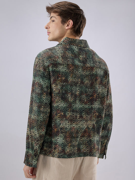 Noor Green Sequin Embroidered Cuffless Oversized Shirt