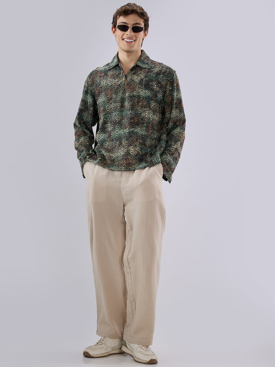 Noor Green Sequin Embroidered Cuffless Oversized Shirt