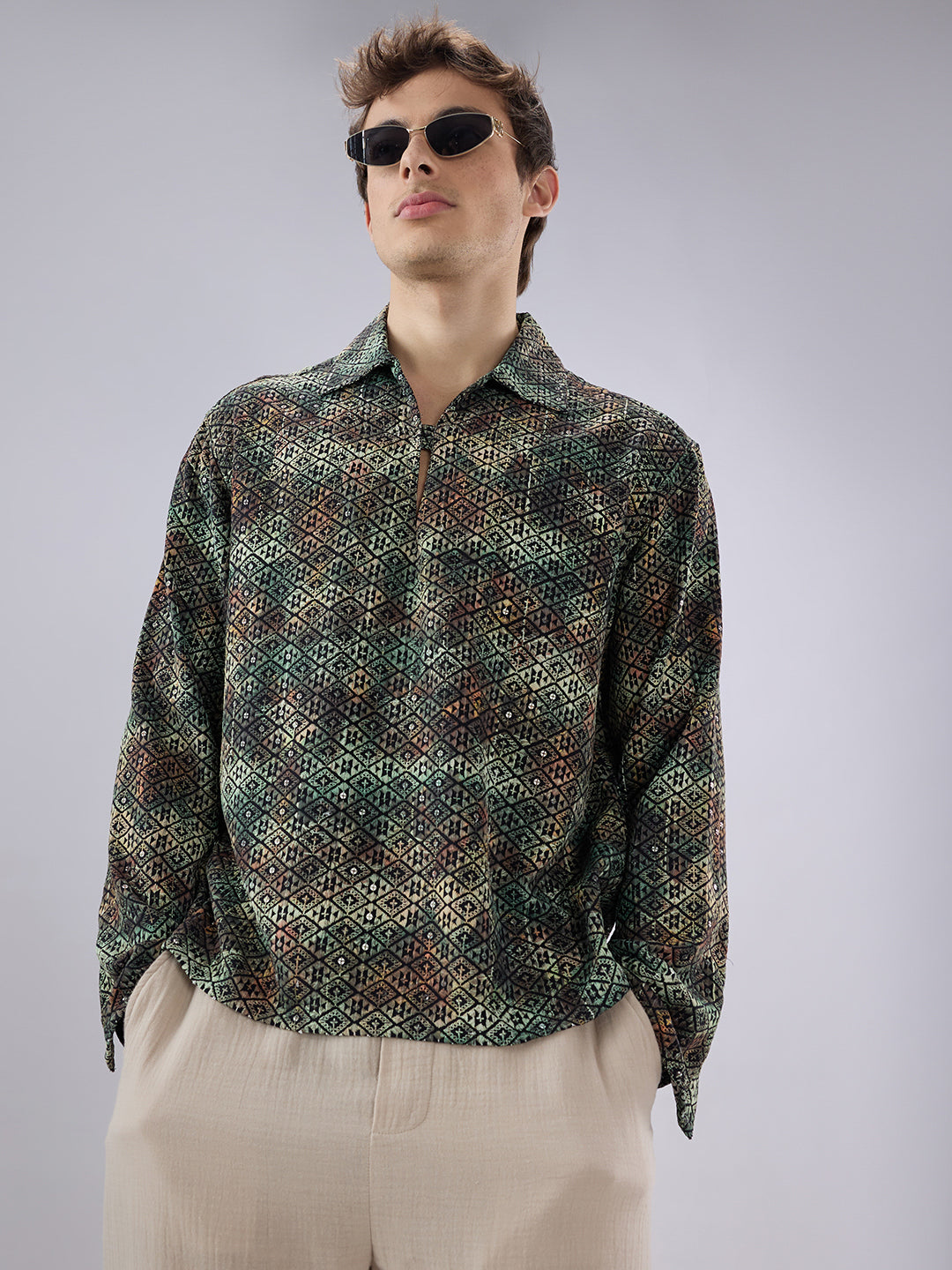 Noor Green Sequin Embroidered Cuffless Oversized Shirt