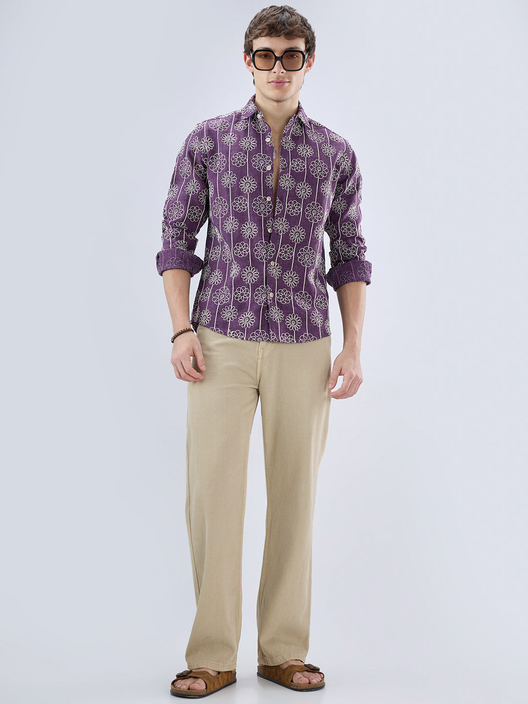 Aubergine Floral Embroidered Slub Shirt
