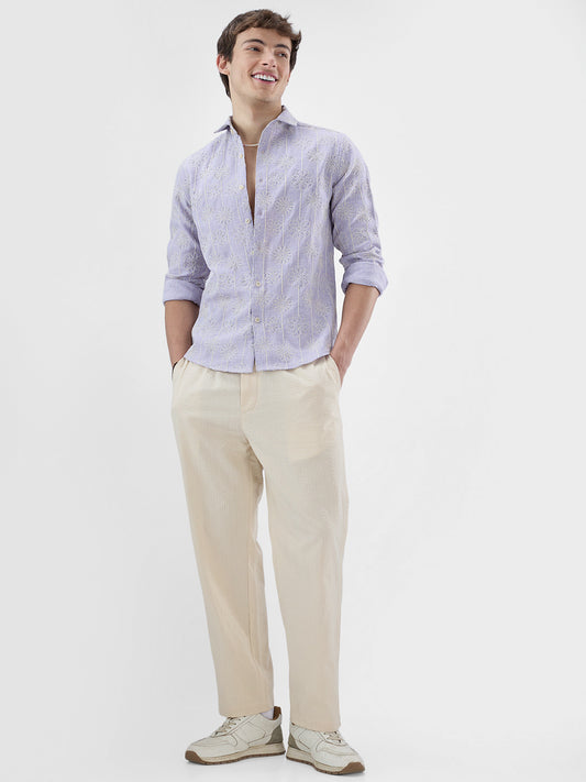Soft Lilac Floral Embroidered Slub Shirt