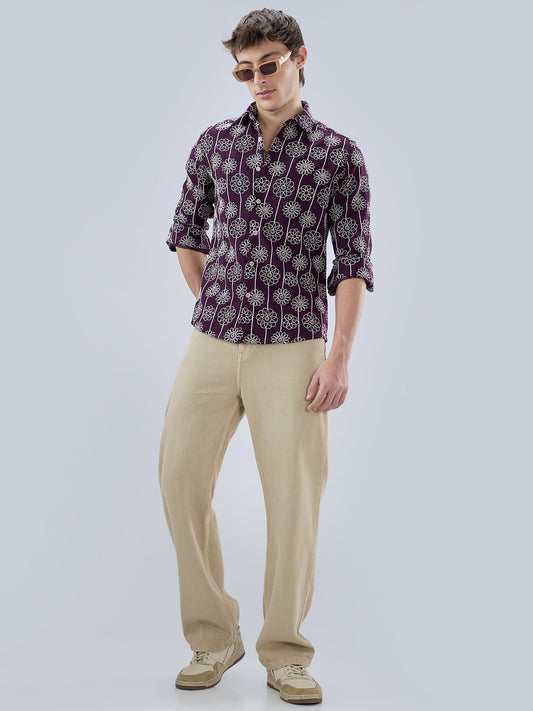Wine Floral Embroidered Slub Shirt