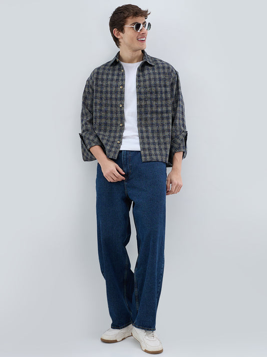 Riwaayat Glossy Olive Checked Oversized Crop Shirt