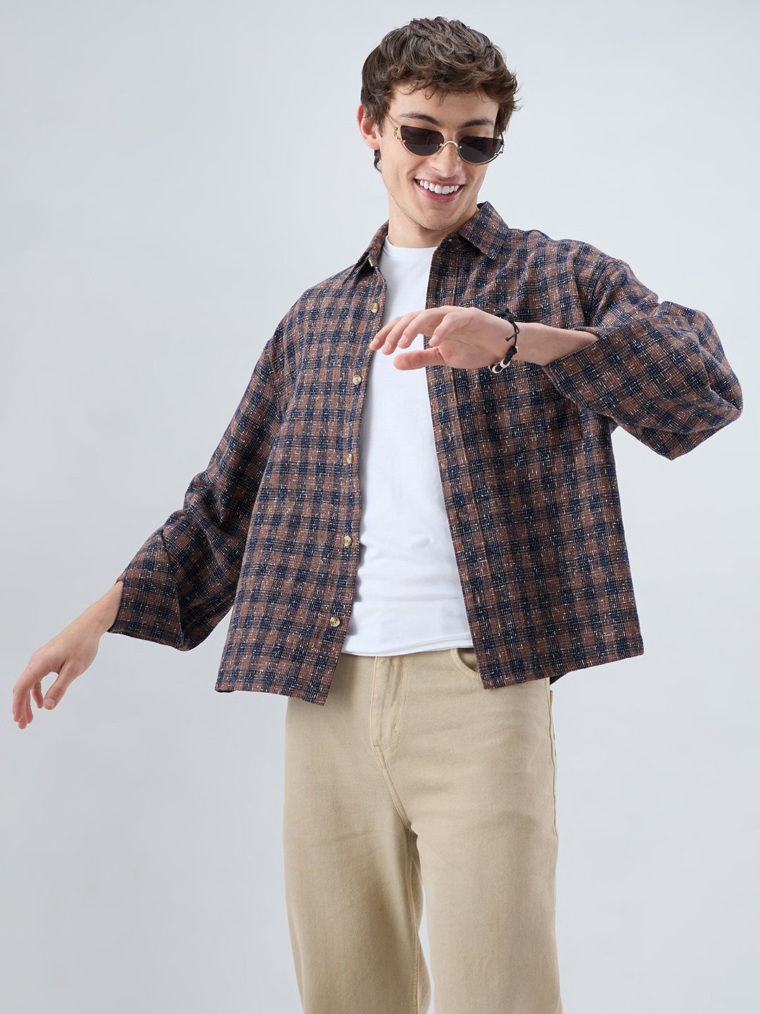 Raunak Edit Glossy Navy & Brown Checked Oversized Crop Shirt