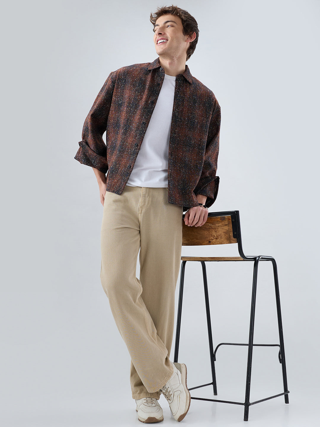 Sanjh Shaam Glossy Brown Textured Cuffless Oversized Crop Shirt